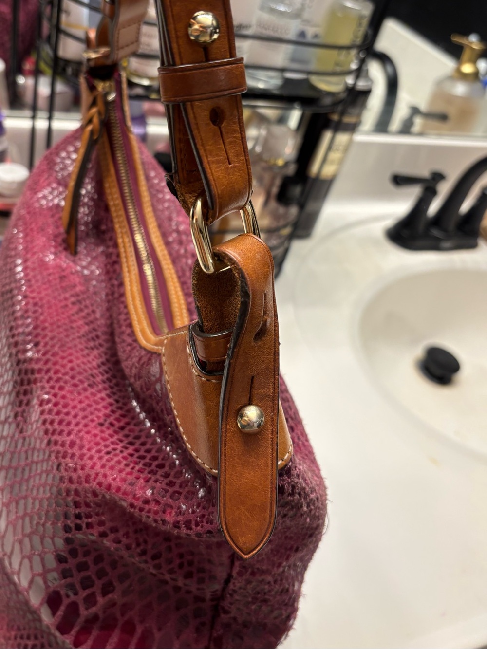 Dooney & Bourke Burgundy Snakeskin-Texture Shoulder Bag with Tan Trim - Picture 2 of 4